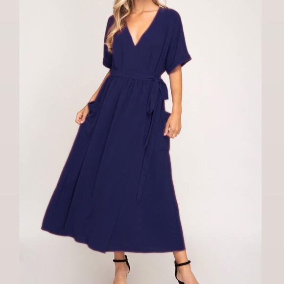 Navy Wrap Dress w/ POCKETS! - Picture 2 of 5